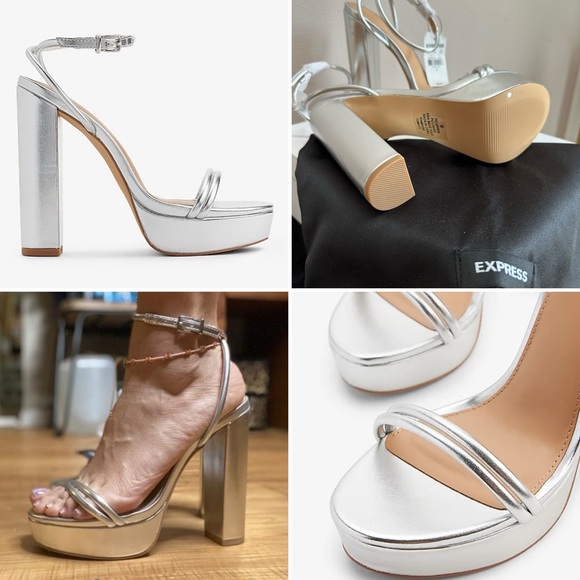Express Round Strap Platform Heeled Sandals Metallic Silver - Picture 1 of 10